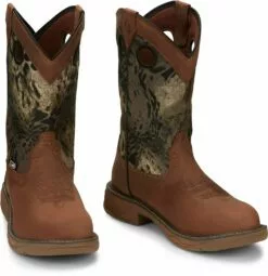 Justin 11in WP EH Mens Barley Brown/Camo Rush Leather Work Boots