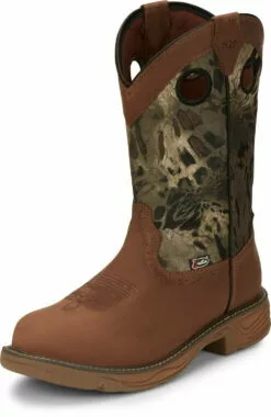 Justin 11in WP EH Mens Barley Brown/Camo Rush Leather Work Boots -Boots Sales Shop JST 010 SE4318